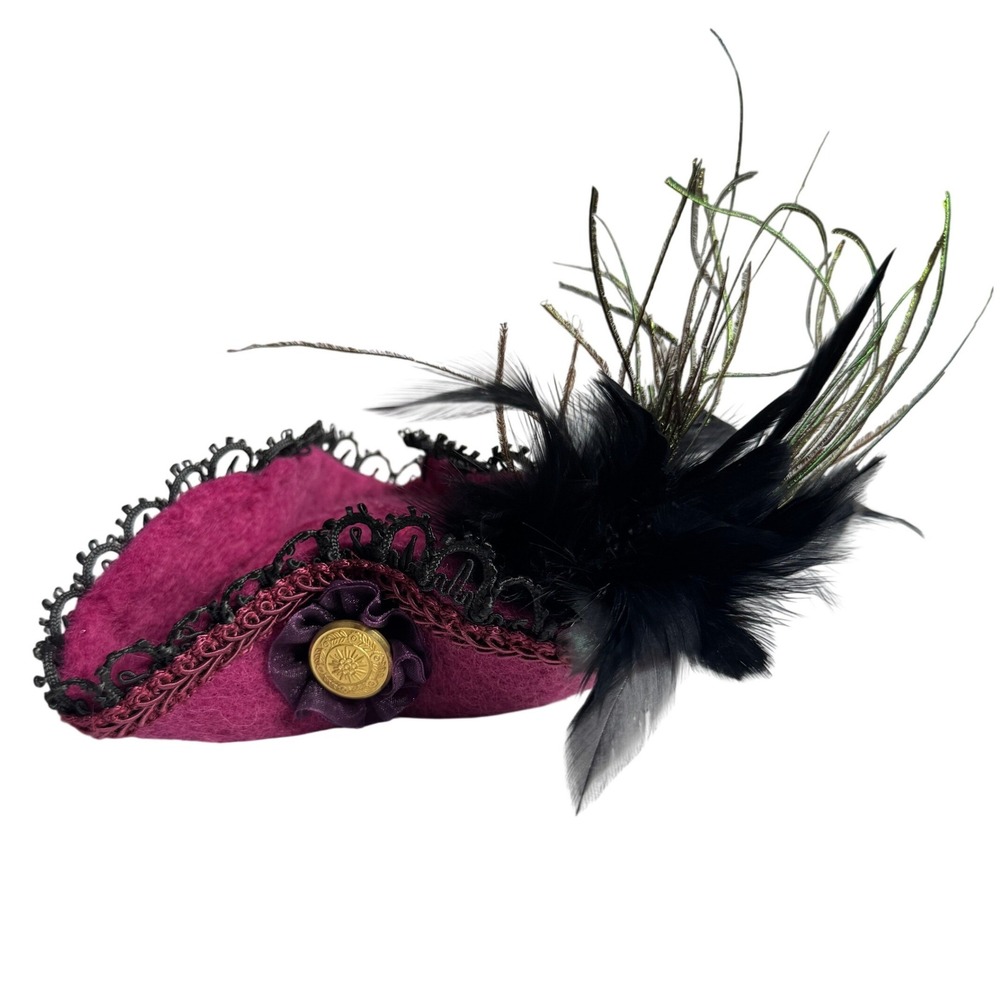 Mini Clip On Tricorn Fascinator Pirate Hat Magenta Pink Black Feather Lace Trim